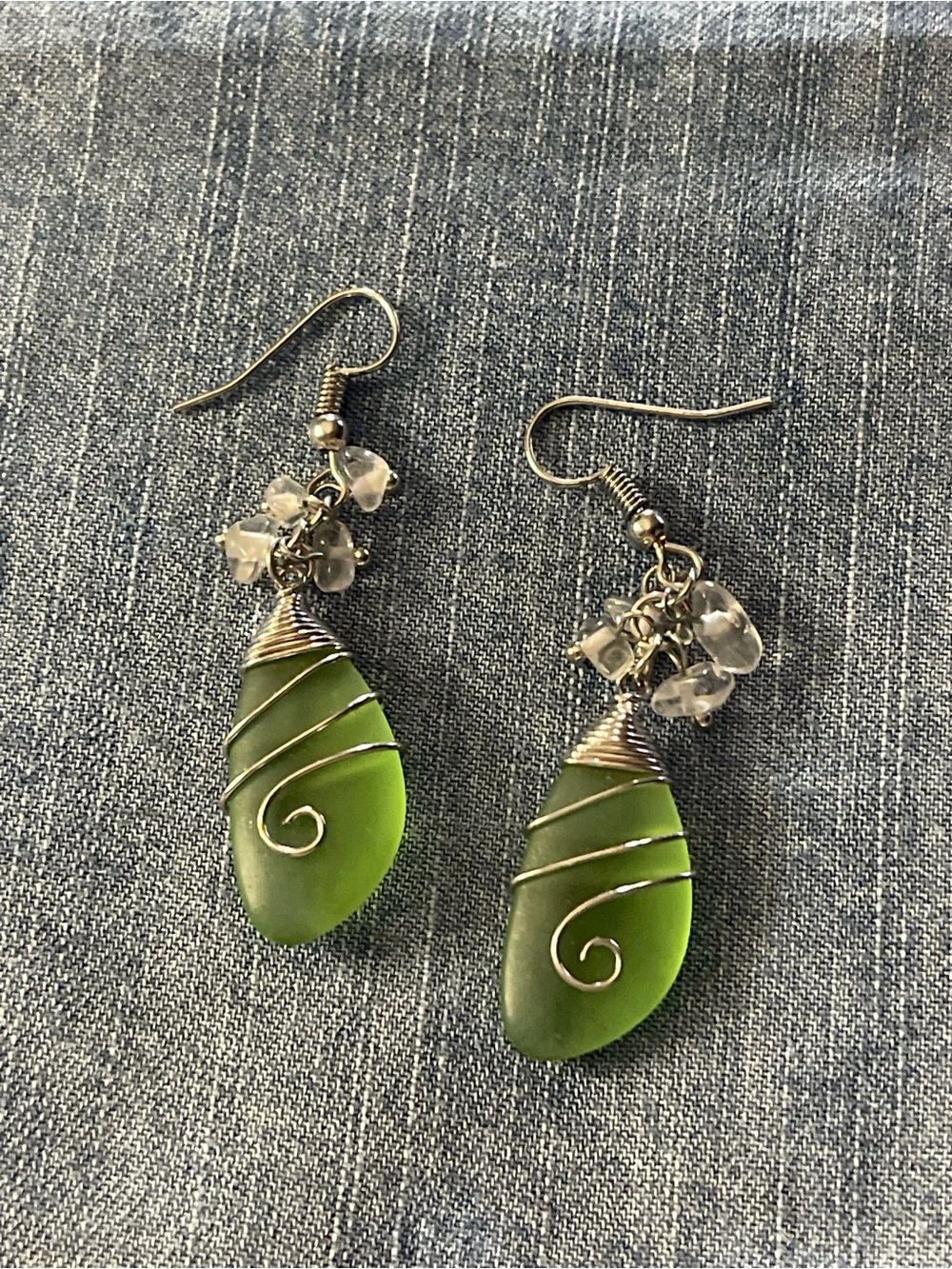 Green Wire-Wrapped Sea Glass Drop Earrings - Unbranded